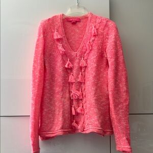 Bright Pink V-Neck Sweater with Tassels